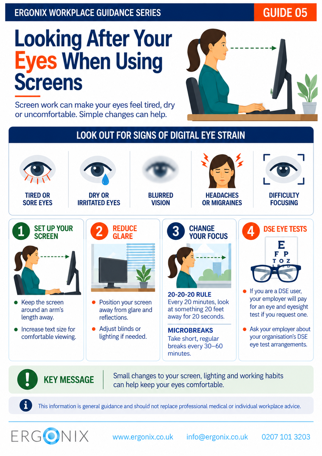 Looking after your eyes when using screens – practical guidance on screen position, glare, visual focus, regular breaks and DSE eye tests.