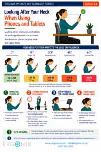 Looking after your neck when using phones and tablets. Workplace ergonomics infographic.